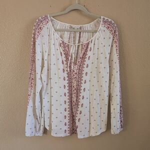 Lucky Brand Light Cream and Maroon Pattern Boho Style Long Sleeve Blouse